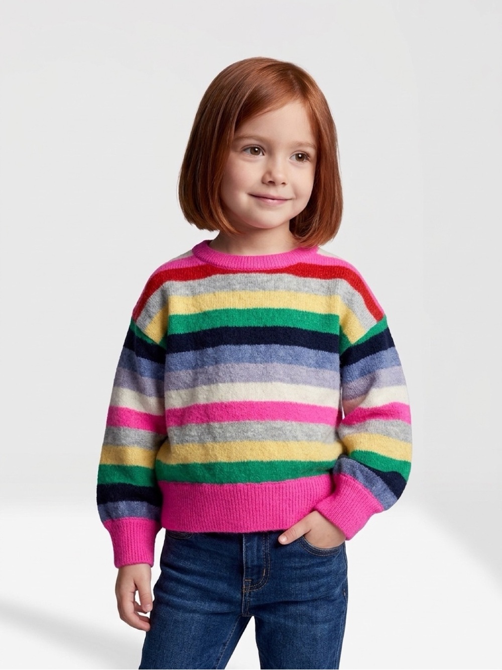 GAP Girls' Rainbow Striped Crewneck Sweater - Pink, Yellow, Green, Blue